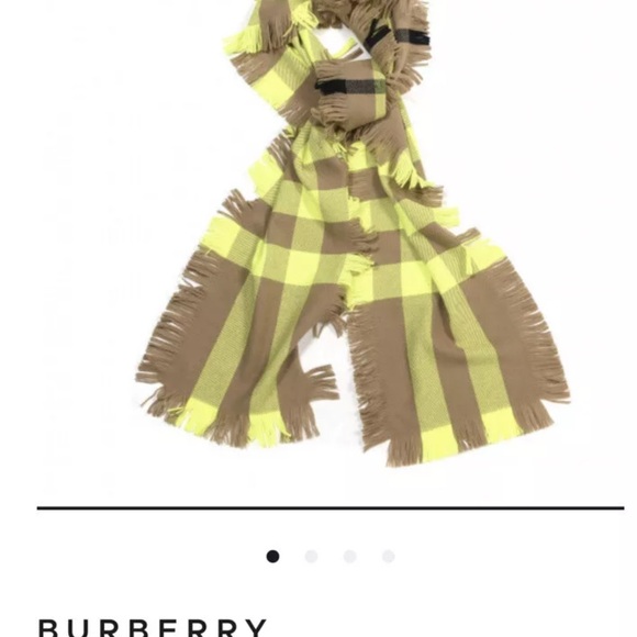 Authentic BURBERRY Cashmere Half Mega Check Fringe Scarf Neon Yellow - Picture 7 of 9
